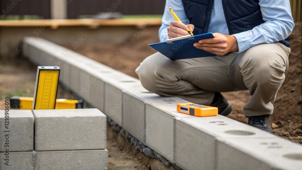 Aufkleber An inspector kneeling beside a foundation studying the alignment of the concrete blocks while jotting down notes on a clipboard showcasing meticulous attention to structural