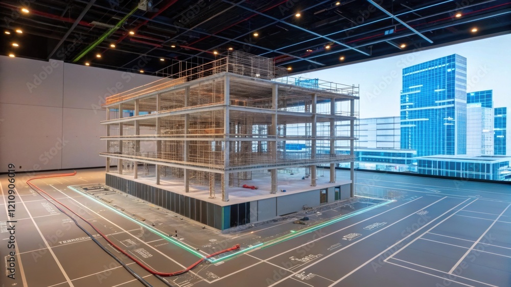 Poster An immersive view of a virtual landscape showing a 3D model of a building under construction with layers of wiring and plumbing illustrated transparently for educational purposes.