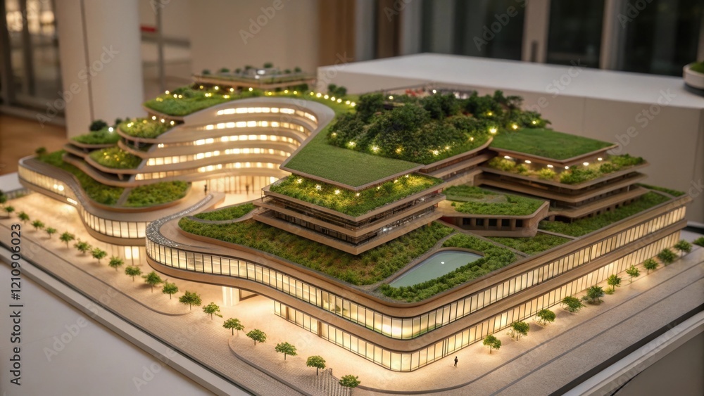 Poster an illuminated architectural model exhibiting a futuristic mixeduse development featuring unique org