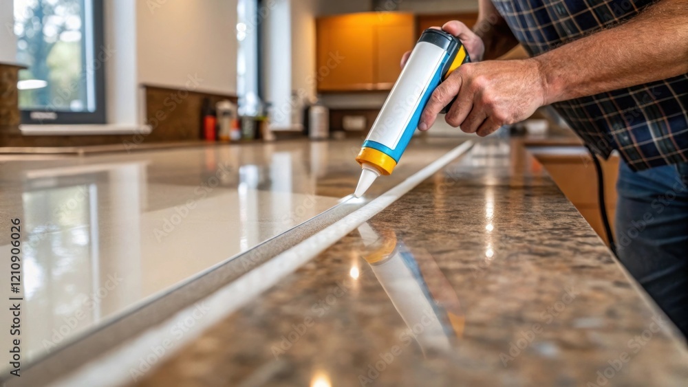 Poster An installer meticulously applies adhesive along the edge of a countertop before positioning a slab with a focus on the precision of the application and the shiny surface of the