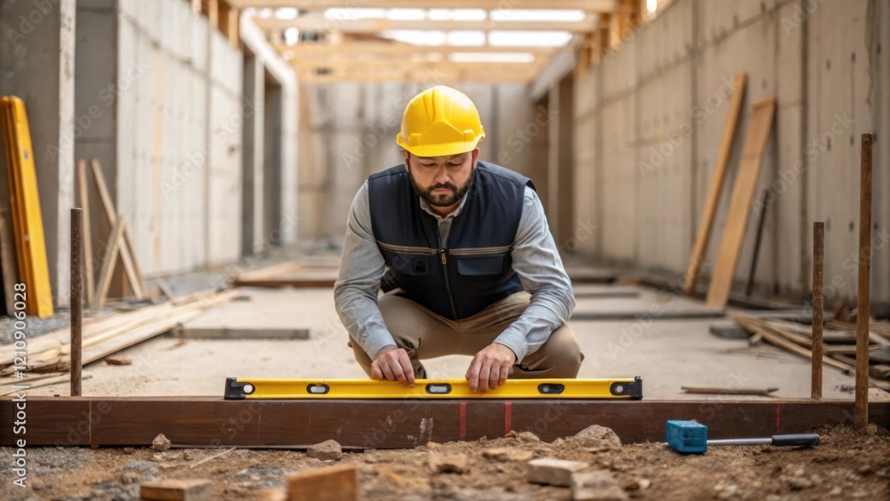 Aufkleber an inspector kneels on a construction site examining the foundation with a level tool surrounded by 