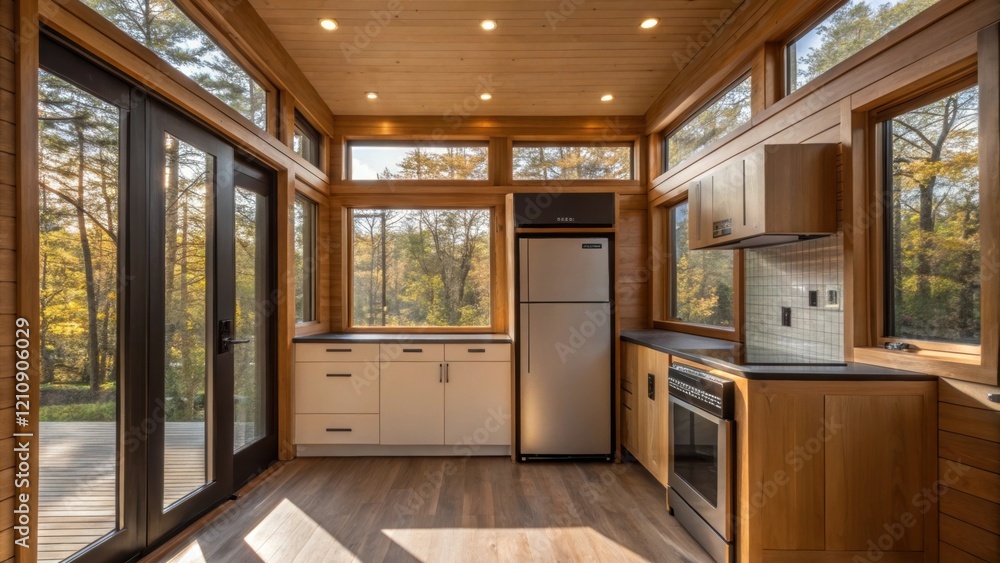 Poster An inside view of a residential unit that features energyefficient appliances and large windows that maximize natural light. The imagery highlights a warm inviting atmosphere