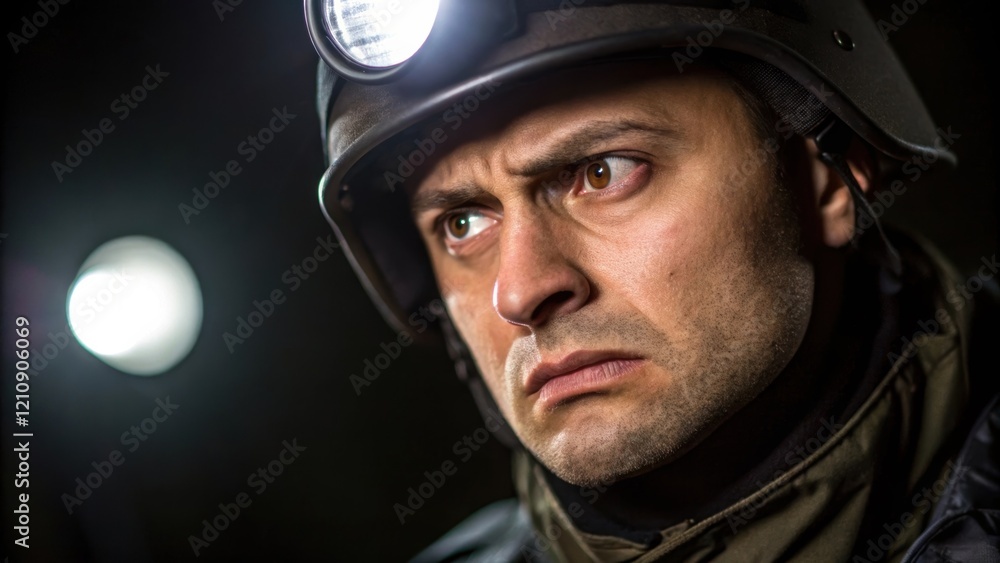 Leinwandbilder an intense closeup of a guards face illuminated by the light from a nearby floodlight eyes narrowed 