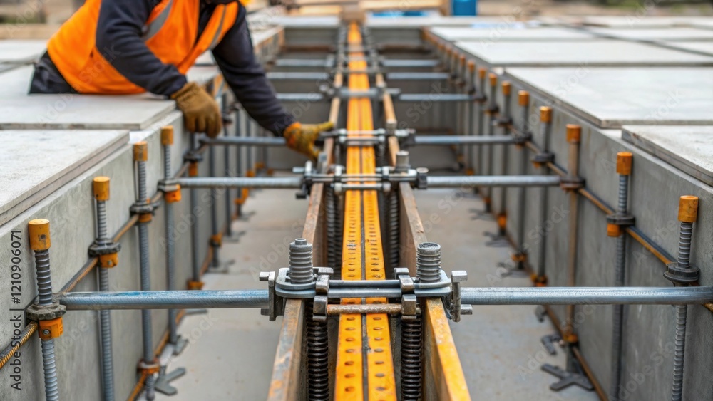 Aufkleber An intense closeup of a reusable formwork system showcasing its system of clamps and joints as a worker carefully detaches it from the adjacent concrete surface emphasizing the