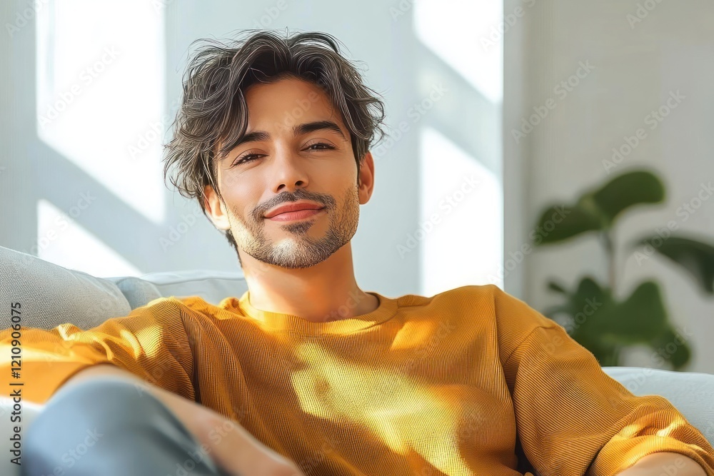 Wall mural Happy middle aged man relaxing on sofa in cozy living room smiling at camera wearing casual green shirt in modern home interior cozy atmosphere