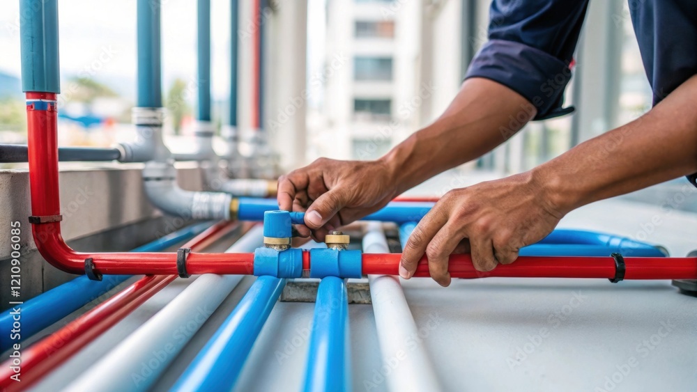 Aufkleber an intimate shot of a workers hands adjusting the layout of plumbing pipes revealing the meticulous 