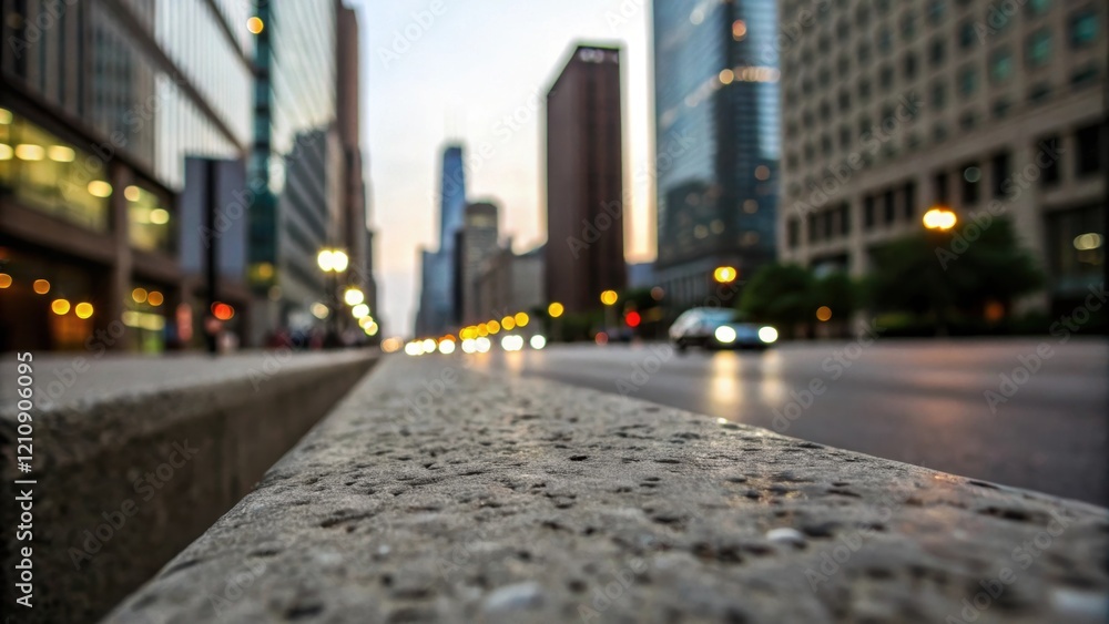 Poster An intimate closeup depicting the texture of concrete and glass as skyscrapers loom overhead contrasting sharp lines with soft bokeh from distant street lamps and vehicle