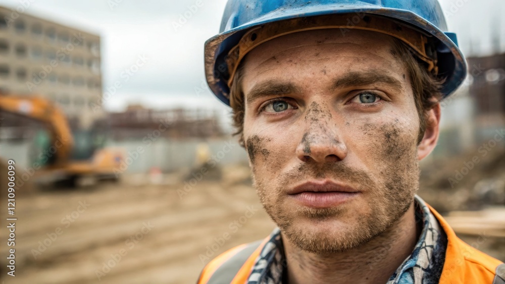 Poster an intense gaze from a construction worker dirt smudged across his cheek emphasizing the dedication 