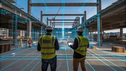 An immersive view of a construction site where workers are collaborating with AR devices with virtual blueprint lines tracing over the physical structures indicating areas for