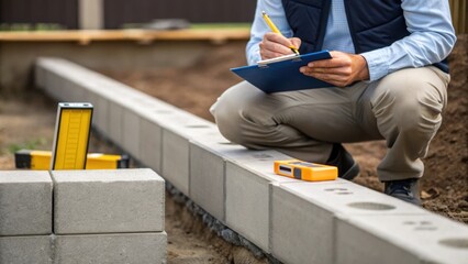 An inspector kneeling beside a foundation studying the alignment of the concrete blocks while jotting down notes on a clipboard showcasing meticulous attention to structural