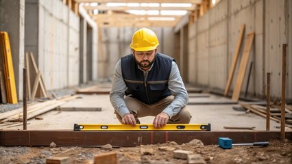 An inspector kneels on a construction site examining the foundation with a level tool surrounded by raw materials and construction debris highlighting their attention to detail.