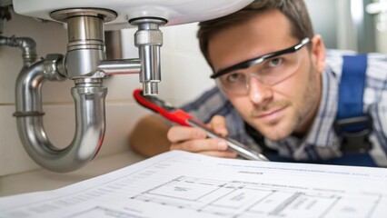An image of an inspector peering through safety glasses as they examine plumbing fixtures under a sink with tools and a building plan visible in the foreground highlighting the