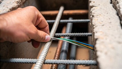 An intimate perspective of a technicians hand pulling a wire through a small opening with focus on the textured surfaces of both the wire insulation and the surrounding structural