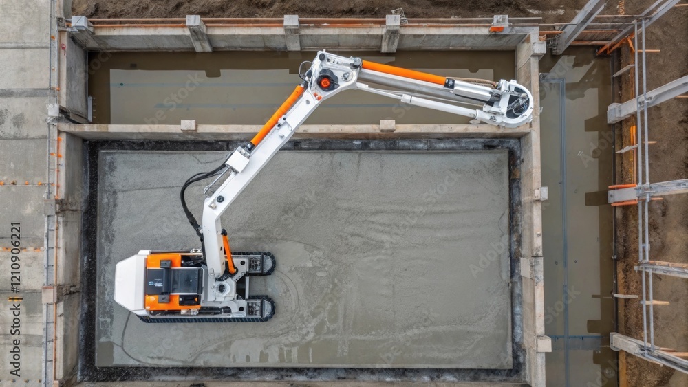 Poster An overhead shot focusing on a concrete pouring robot in midaction showcasing its articulated arm poised above a partially finished section of a foundation with wet concrete
