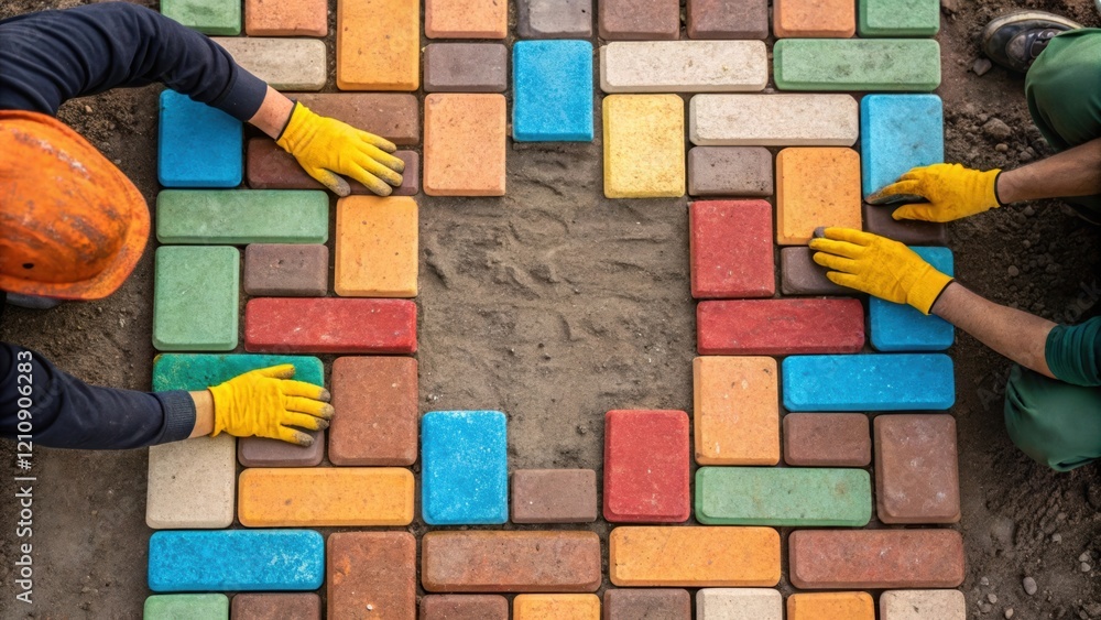 Poster An overhead view capturing the vibrant colors of bricks laid in a unique pattern with the bricklayers hands applying mortar emphasizing the artistry and design involved in the