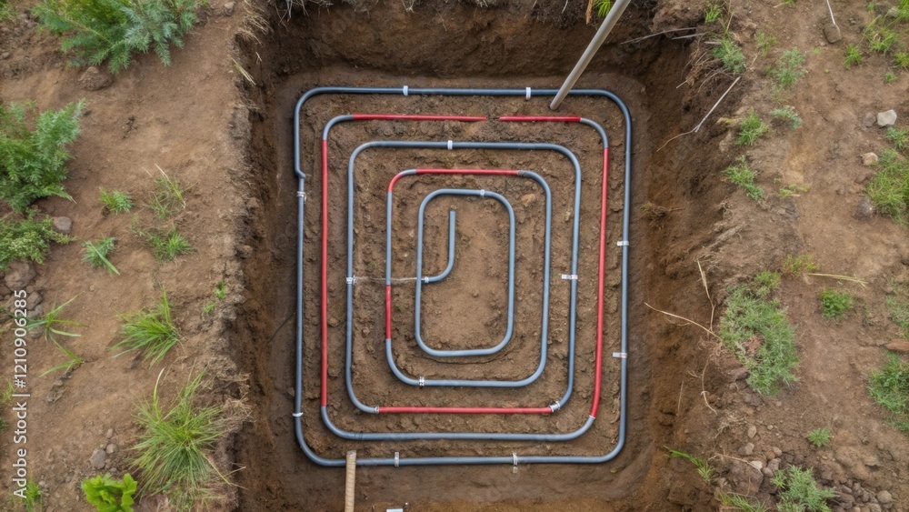 Poster An overhead view detailing the layout of a geothermal systems ground loop with pipes spiraling through the earth surrounded by soil clumps and sp vegetation.