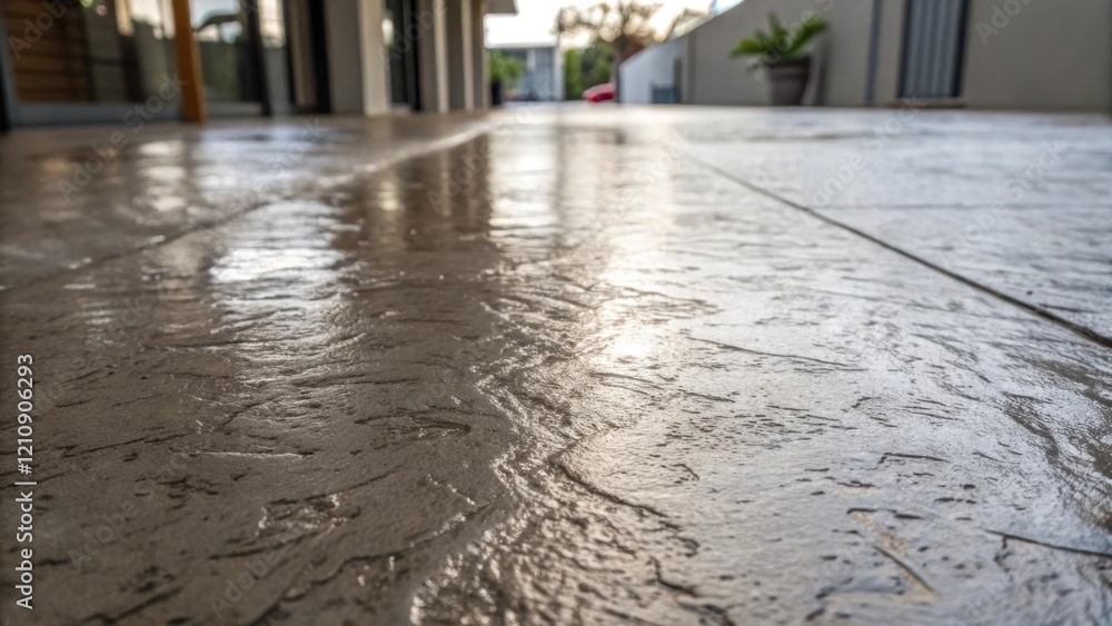 Poster An overhead view of a textured concrete finish showcasing the intricate patterns left by a finishing broom with the glistening surface reflecting traces of water.