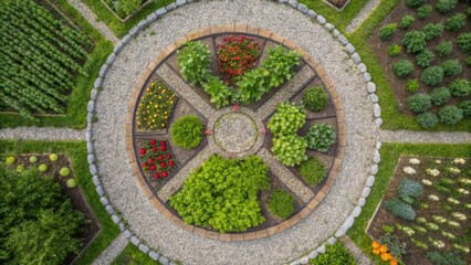 An overhead shot focusing on a circular garden with diverse crops such as peppers and radishes interspersed with small pathways made of gravel and reclaimed stone divided by