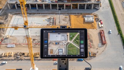 An overhead shot of a construction site with drone imagery on a large screen showing a live feed of ongoing activities with AI software analyzing the workflow efficiency.