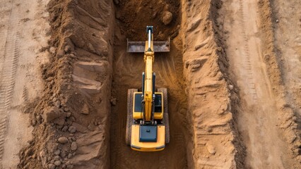 An overhead shot of a small excavator digging a trench in preparation for the installation of horizontal geothermal loops with the ground being turned over and dirt piled nearby.