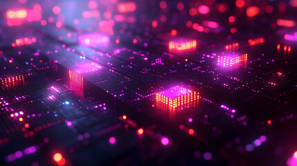 Obraz premium Abstract Glowing Circuit Board with Pink and Purple Neon Lights, Futuristic Technology Background