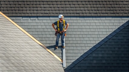 An overhead shot capturing a roofer standing on a rooftop poised on the edge while attaching a shingle emphasizing the highaltitude work and attention to safety measures.