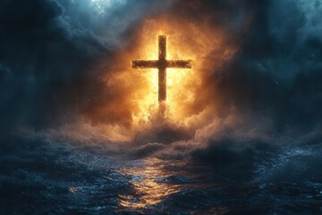 dramatic scene of god reaching out to humanity depicted as a radiant light from the heavens illuminating a rugged cross set against a turbulent sky symbolizing hope and salvation