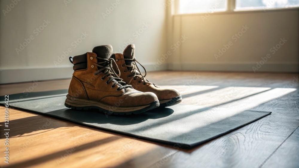 Poster a pair of steeltoed boots resting on a yoga mat symbolizing the blend of construction work and welln