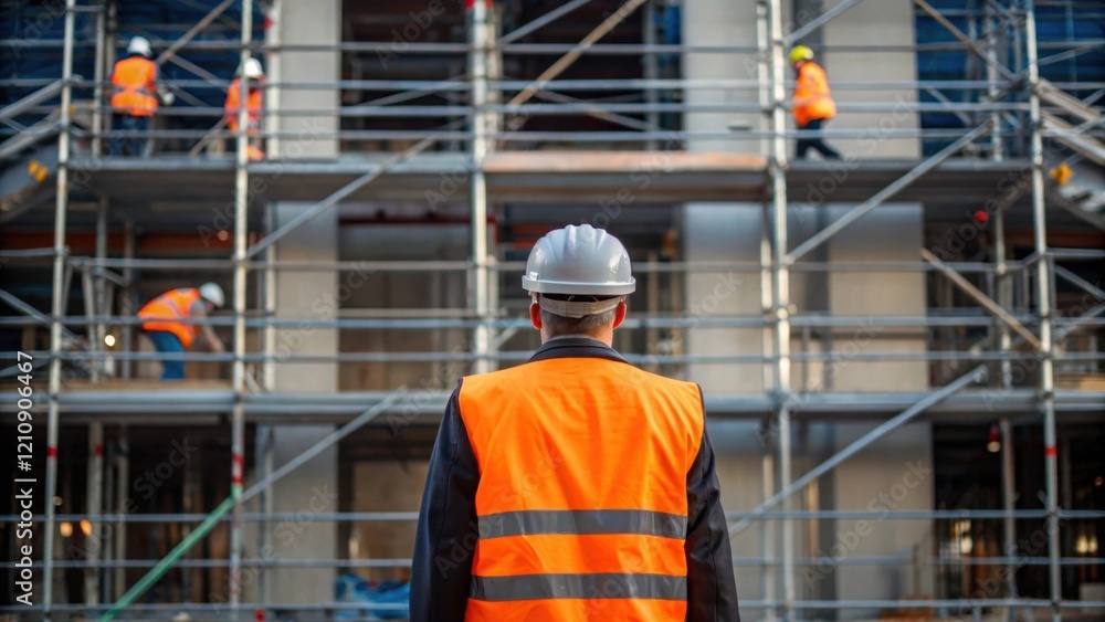 Aufkleber A safety officer stands in front of scaffolding inspecting the structure with a critical eye framed by a backdrop of ongoing construction and workers in motion.