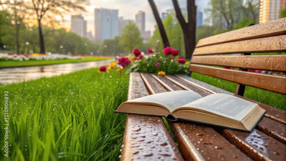 Poster a serene closeup of a park bench covered in morning dew with a book resting on it inviting passersby