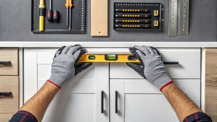 A pair of gloved hands adjust the alignment of a base cabinet ensuring precision before locking it into place. The surrounding area shows an organized workspace with tools and