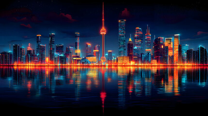 Vibrant City Nightscape with Bright Lights Reflecting on Water