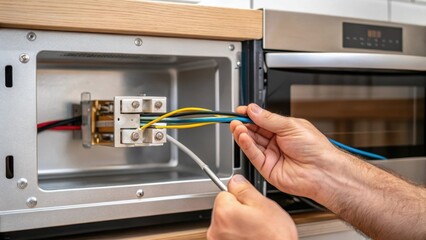 A professional installer is connecting the electrical wires for a builtin microwave with a closeup on the connector points illustrating the precise craftsmanship required for a