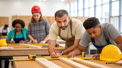 A shot of community members participating in a handson workshop using tools and materials to learn essential construction skills alongside a skilled craftsman emphasizing education
