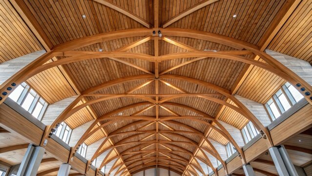 An upward angle view of a mass timber ceiling featuring exposed wooden beams and panels. The rhythmic patterns of the timber create a visually striking design emphasizing the