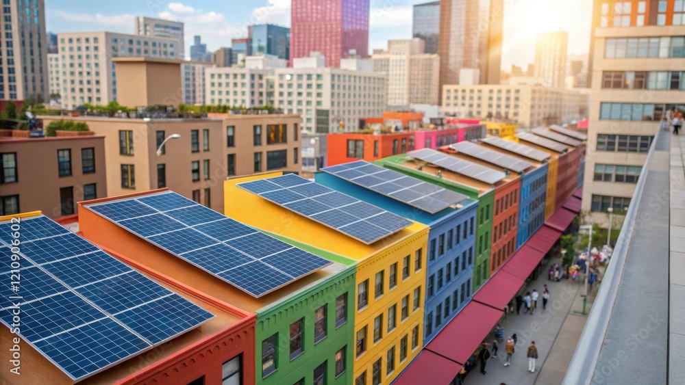 Poster a vibrant urban scene reveals a of buildings topped with solar panels each arranged to optimize sunl