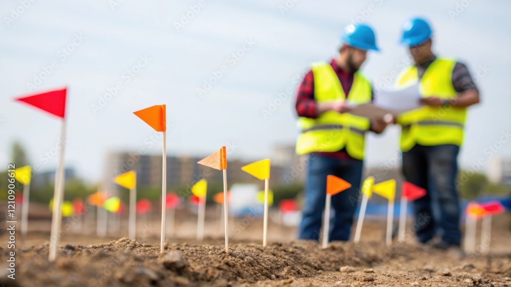 Aufkleber A visually interesting closeup of survey flags and markers planted in the ground with engineers in the background engaged in discussion emphasizing the detailed planning and