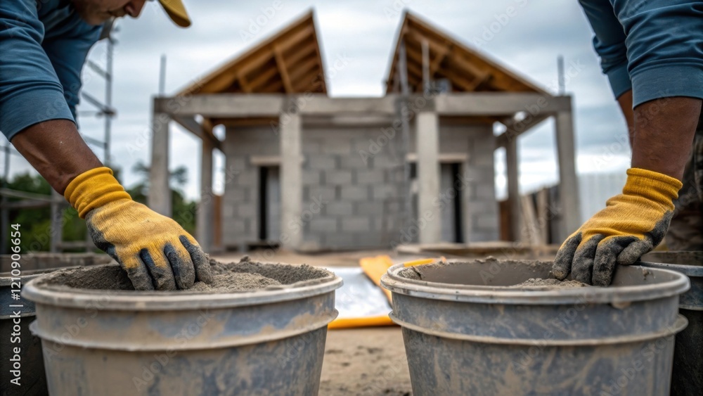Poster A workers gloved hands are seen mixing concrete in buckets with a partially rebuilt structure emerging in the background emphasizing the resilience and labor involved in the