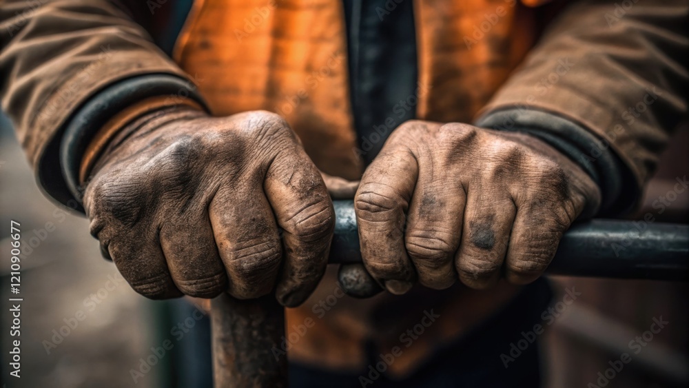 Poster Calloused Hands A closeup that showcases the workers weathered hands gripping a tool tightly with deep lines etched into his palms telling a story of years spent constructing