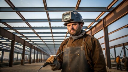 A welder stands against a backdrop of a nearly finished steel framework sweat glistening on his forehead as he inspects the welds made on various beams ensuring quality and