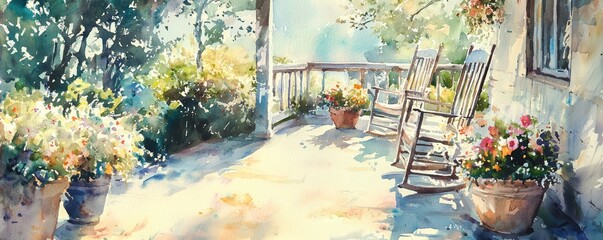 Watercolor painting a sun-faded porch with old rocking chairs and overflowing flower pots.