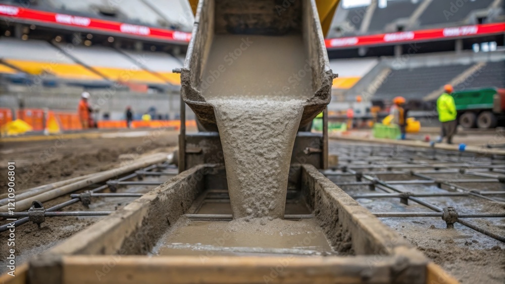 Poster closeup of a concrete mixer pouring a thick stream of wet concrete into molds surrounded by construc