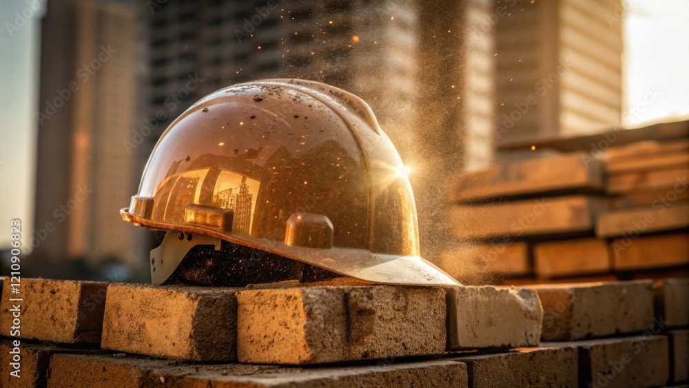 Poster Closeup of a construction helmet resting on a stack of bricks with the reflection of the completed building visible in the helmet visor. Dust particles dance in sunlight capturing