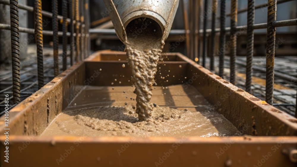 Aufkleber Closeup of a concrete mixer pouring a rich wet mixture into a mold with droplets splattering against the backdrop of rebar structures highlighting the raw materials used in