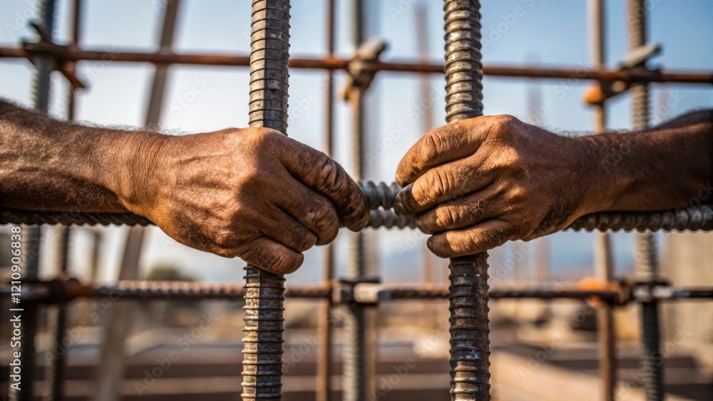 Poster closeup of a construction workers hands as they tighten bolts on a structural framework. the hands a