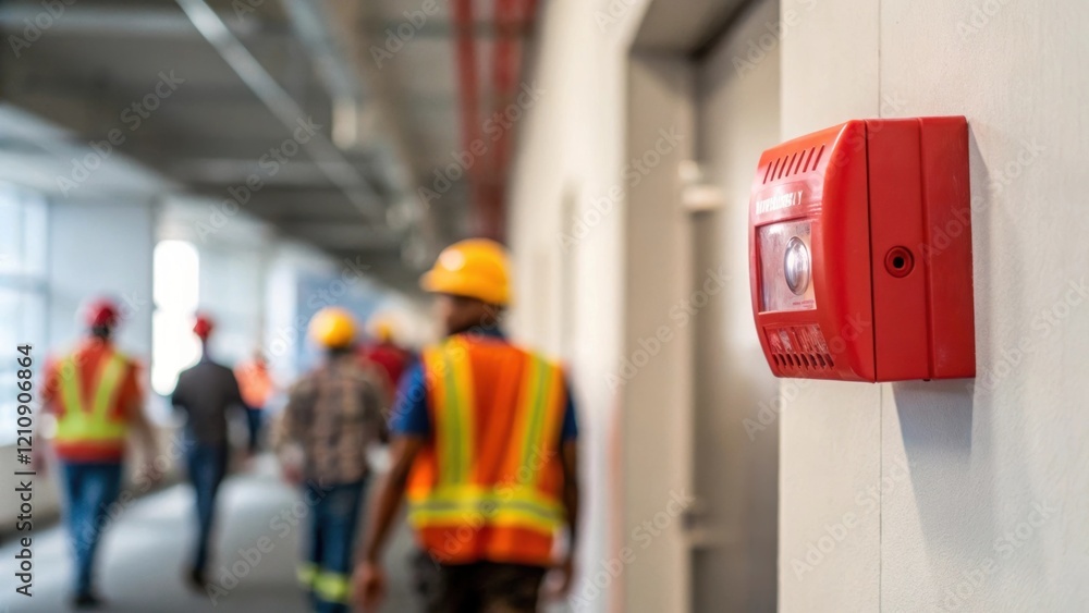 Poster closeup of a fire alarm blaring on the wall with construction workers blurred figures rushing past i