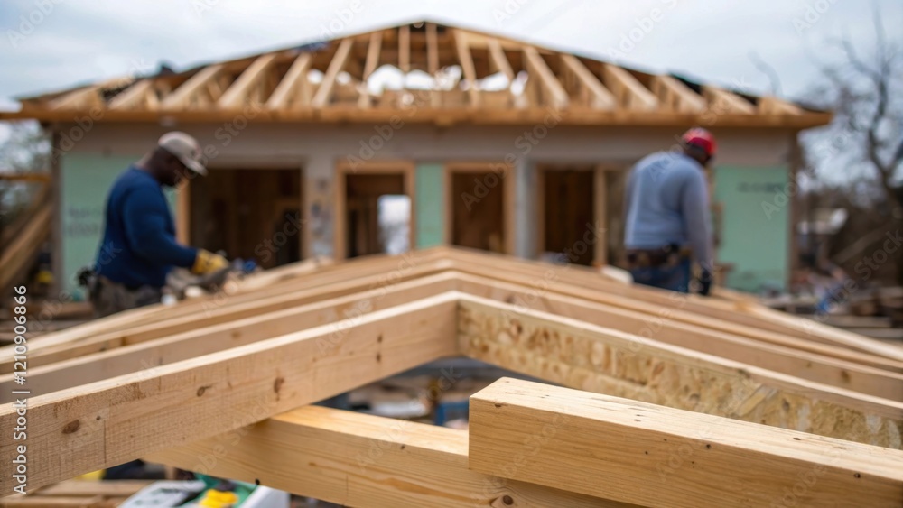 Poster closeup of a damaged home with wooden beams exposed and construction workers installing new supports