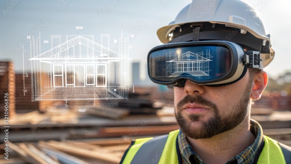 Poster closeup of a construction worker wearing augmented reality glasses focused on a holographic overlay 