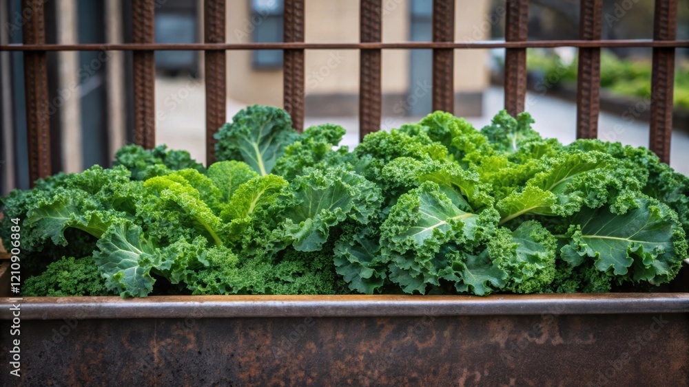 Poster Closeup of a container garden overflowing with kale featuring textured leaves and a backdrop of rustic metal railings highlighting the contrast between nature and urban elements.