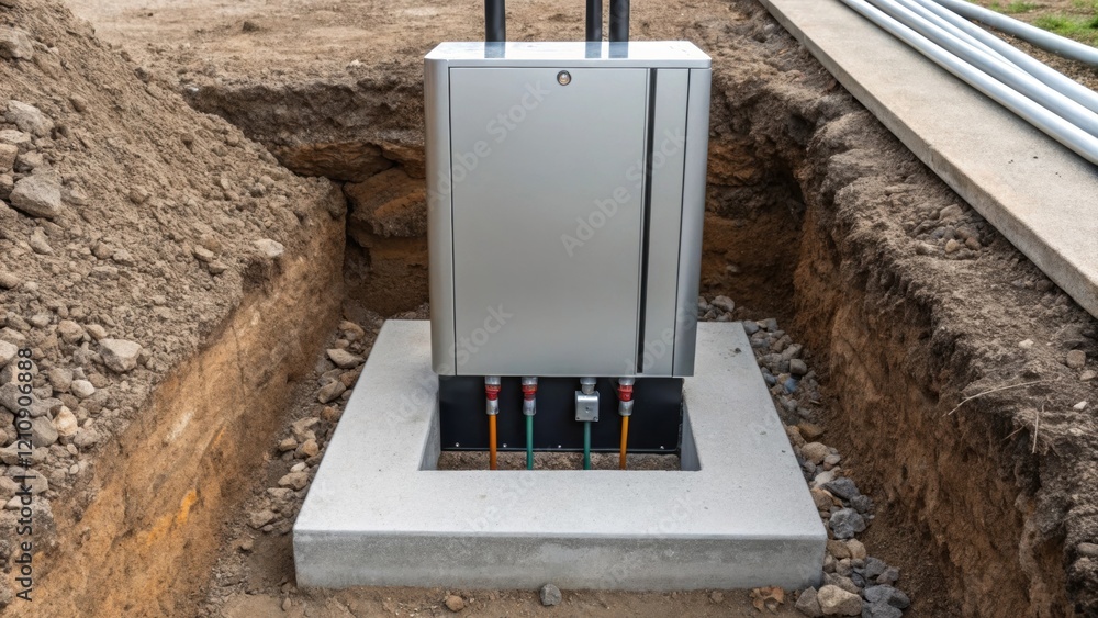Poster closeup of a geothermal heat pump unit mounted on a concrete slab with sleek lines and metallic surf